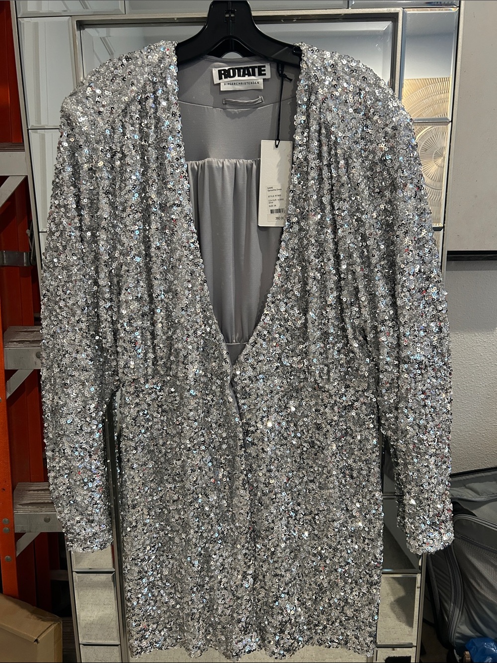 Rotate Birger Christensen Silver Sequin V-Neck Party Dress